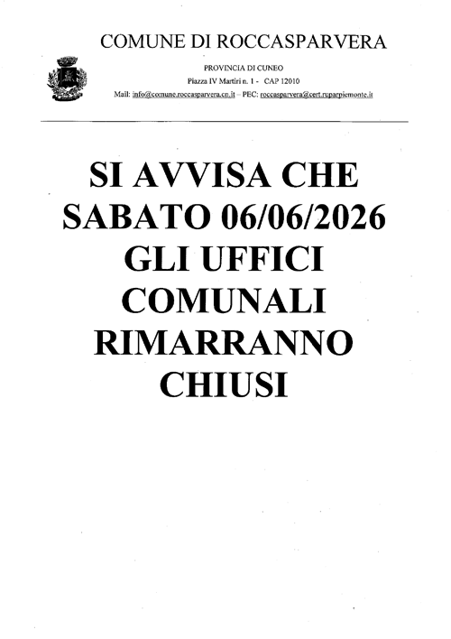 Sabato 6 giugno 2026 gli uffici comunali rimarranno chiusi