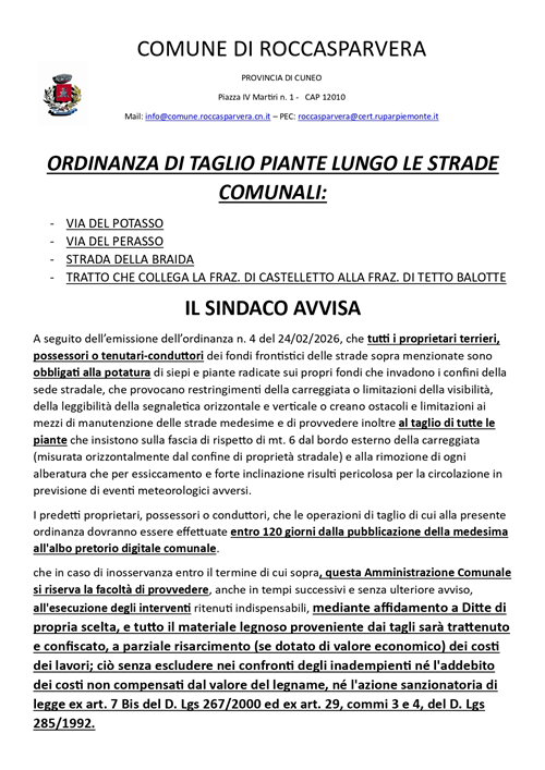 Ordinanza Taglio Piante Lungo le Strade Comunali: Via del Potasso, Via del Perasso, Strada della Braida, Tratto di Strada che collega la Fraz. di Castelletto alla Fraz. di Tetto Balotte