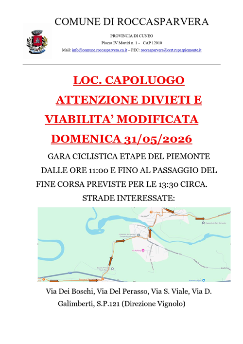 Attenzione divieto di Transito e Sosta in Loc. Capoluogo per Domenica 31/05/2026 h. 11:00 - 13:30